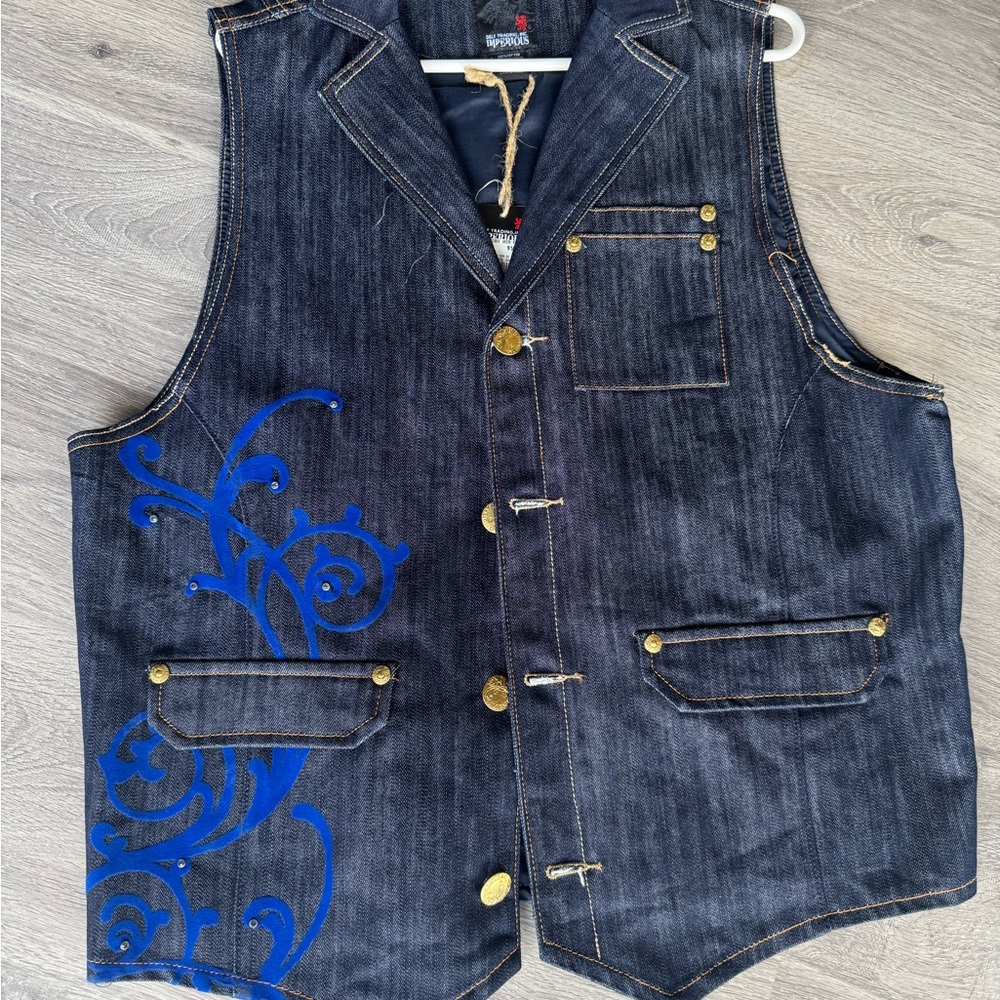 Black Denim Vest with Blue Design